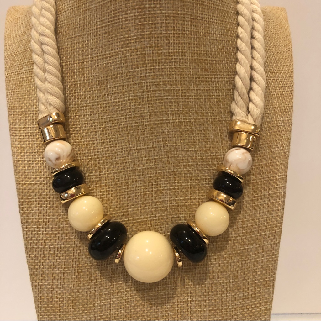 Ann Taylor Chunky Necklace Rope Style With Black & White Round Beads- Gold Trim